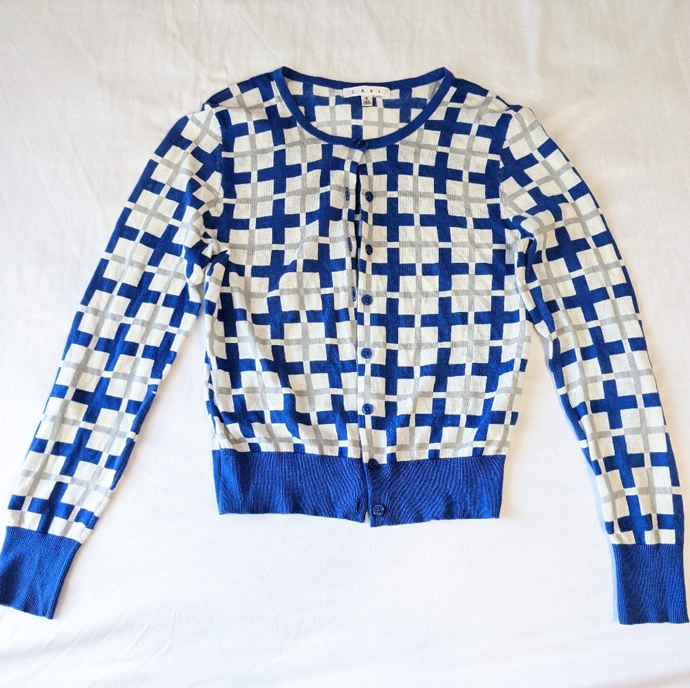 CAbi Blue and white Geometric Cardigan women's size Small